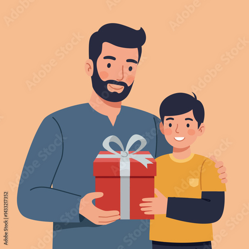 Father and son holding red gift box with white ribbon celebrating special occasion vector illustration 