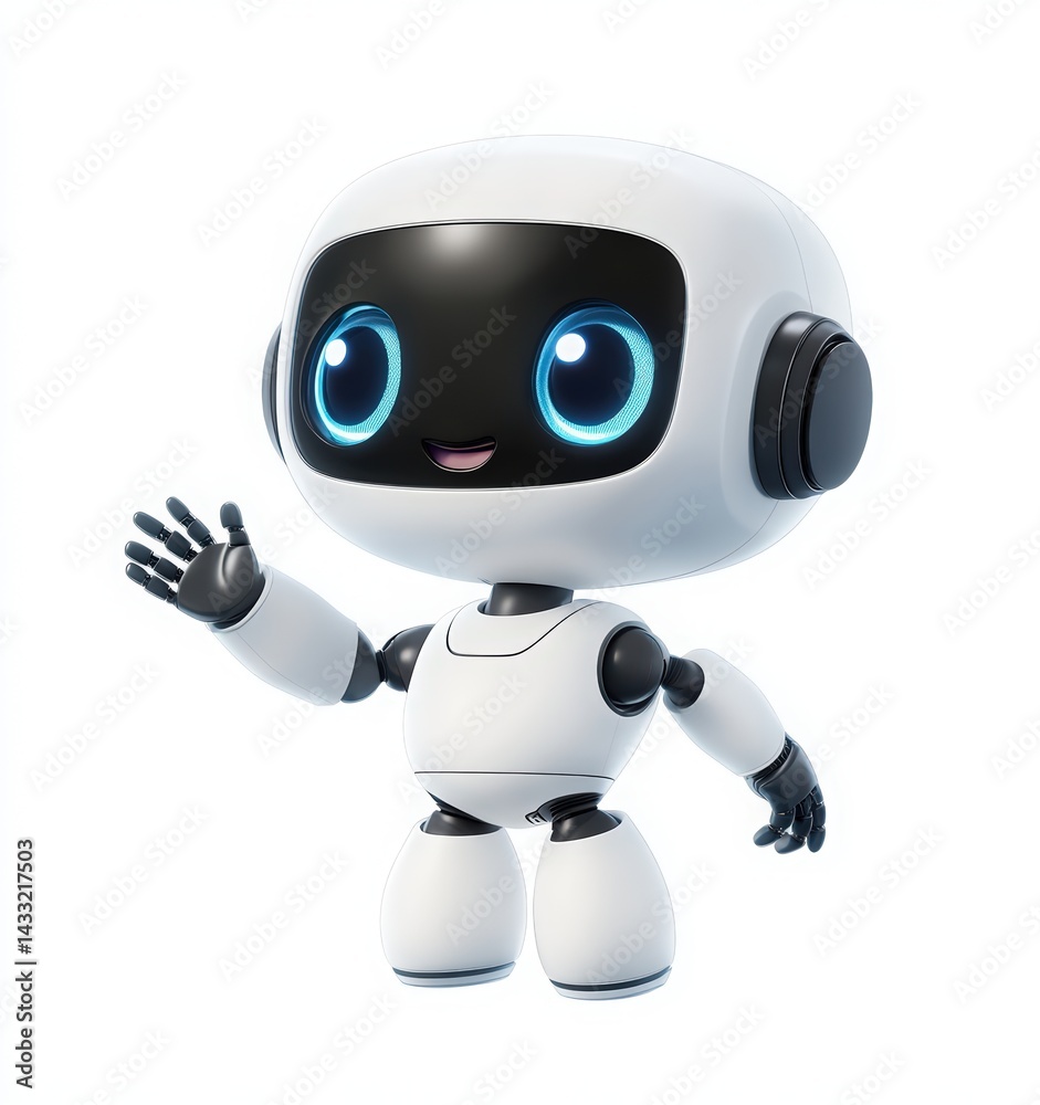 white robot waving and smiling, robot with blue eyes and headphones on white background, minimalistic friendly technology character icon white robot waving and smiling, robot with blue eyes and headphones on white background, minimalistic friendly technology character icon