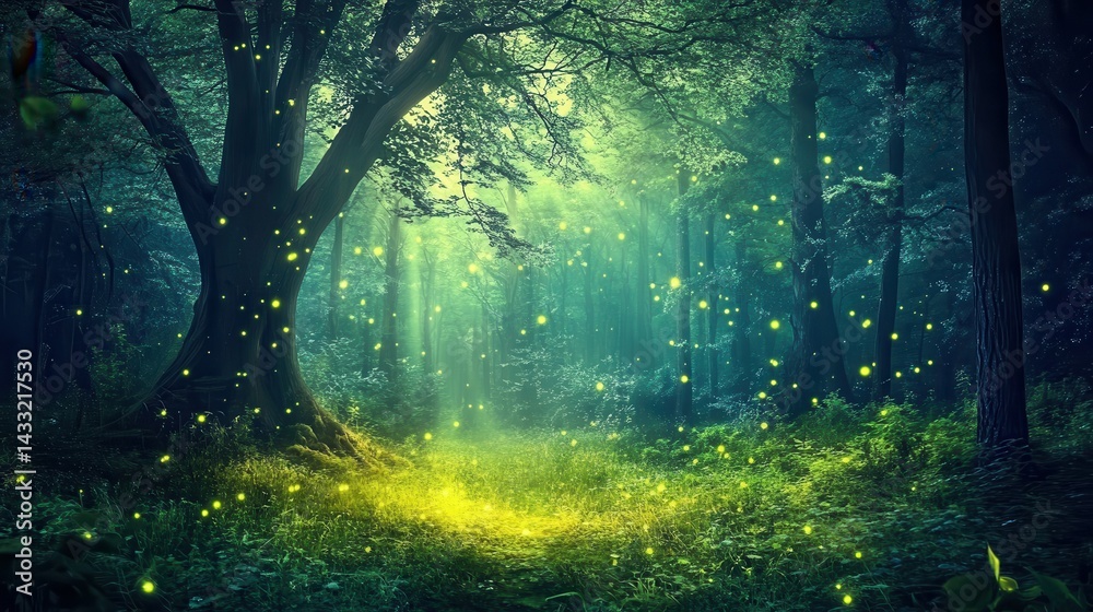 Fototapeta premium Dark Mystic Forest with Glowing Fireflies