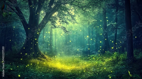 Dark Mystic Forest with Glowing Fireflies