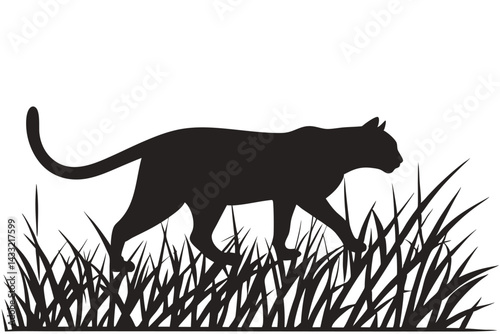 Silhouette Of A Cat Walking In The Grass Vector Illustration Simple Feline Design Pet Graphics Minimalist Art Domestic Animal