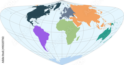 World vector map with continent boundaries and graticules (Bonne projection, PPT-compatible, pre-colored & fully editable)