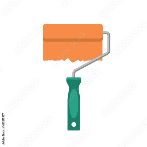 Paint roller with orange paint and green handle vector illustration for decoration and renovation tools 