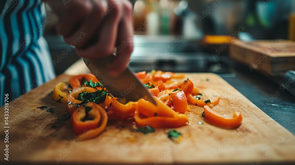 Sliced bell peppers on a cutting board, naturally lit.