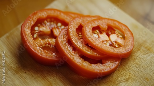 Obraz na płótnie Sliced bell peppers on a cutting board, naturally lit.
w salonie