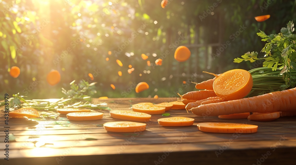 Sliced carrots sit on a cutting board, alongside more carrot slices, all bathed in warm sunlight on a garden table.