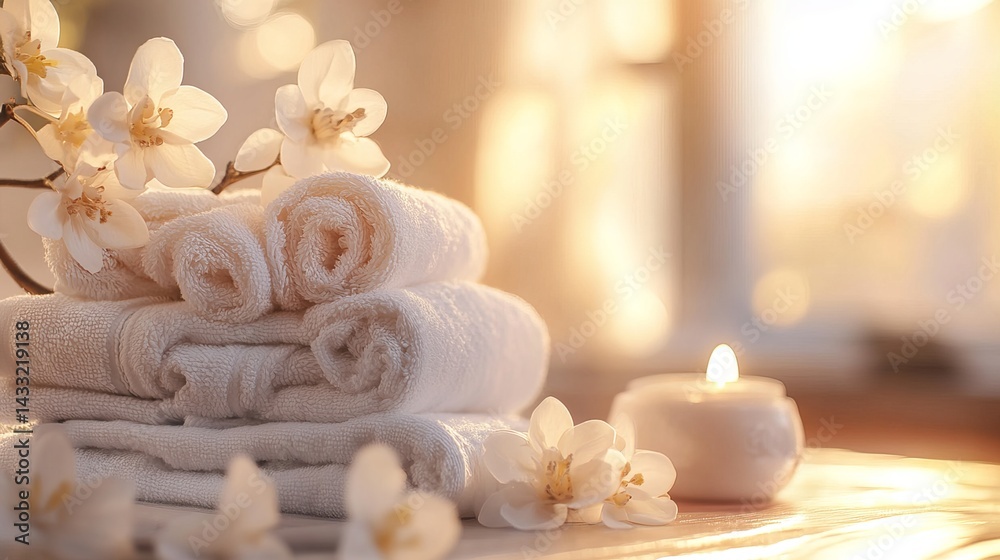 Soft, clean towels neatly stacked, subtly blurred background.
