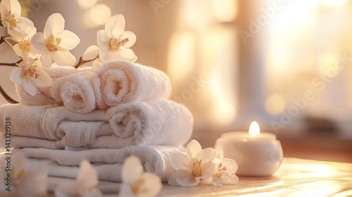 Obraz na płótnie Soft, clean towels neatly stacked, subtly blurred background.
w salonie