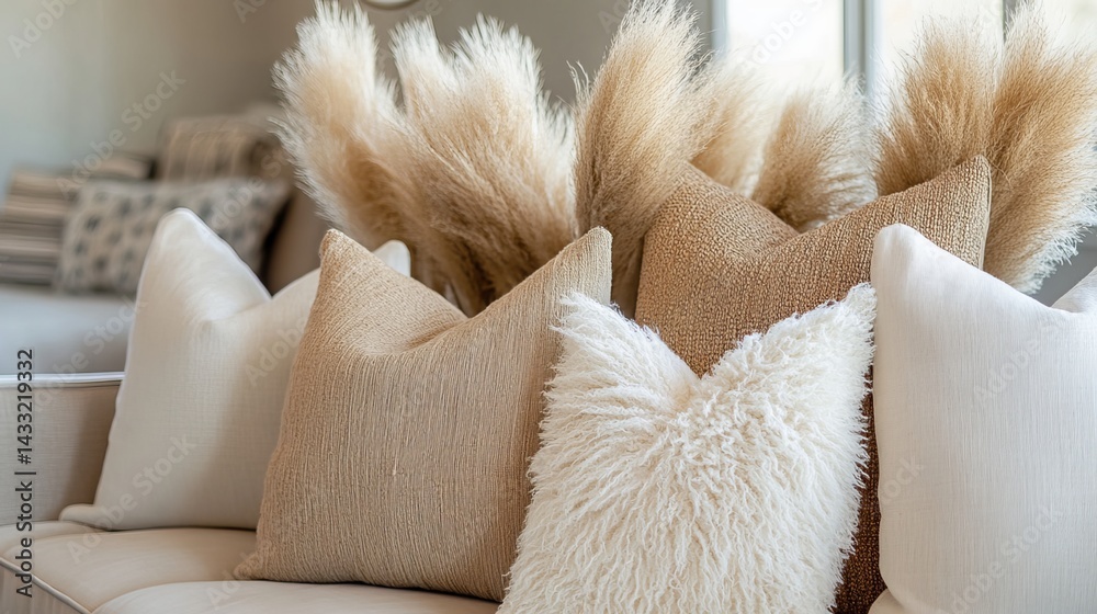 Stylish home d�cor: Pampas grass & throw pillows.