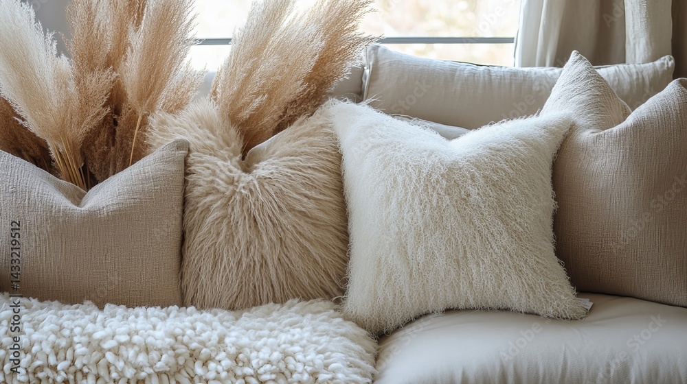 Stylish home d�cor: Pampas grass & throw pillows.
