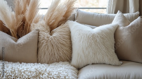 Obraz na płótnie Stylish home d�cor: Pampas grass & throw pillows.
w salonie