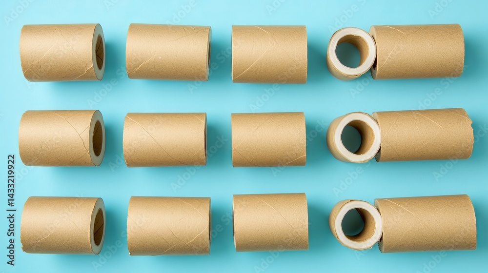 Toilet paper rolls softly arranged against a blue backdrop.