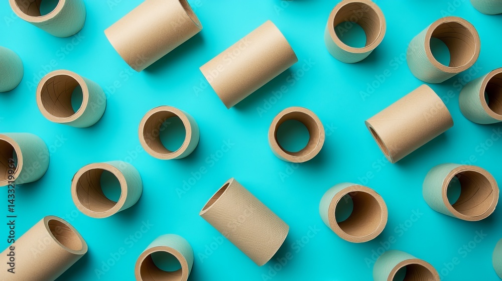 Toilet paper rolls softly arranged against a blue backdrop.