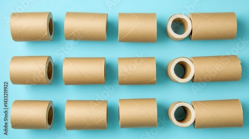Toilet paper rolls softly arranged against a blue backdrop.
 