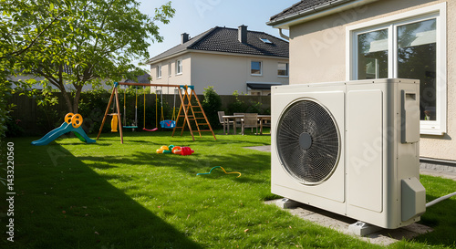 Peaceful Suburban Backyard: Heat Pump near Children's Play Area