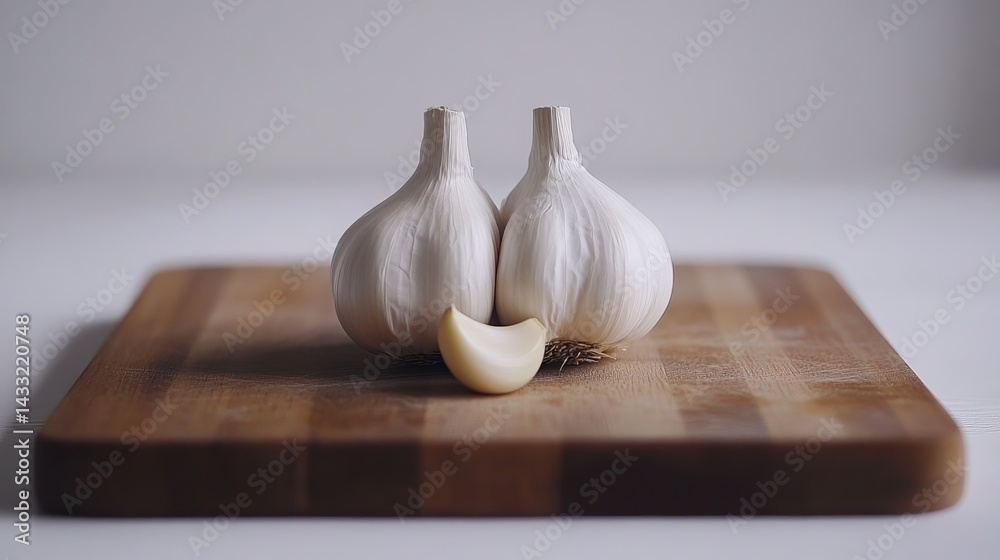 Whole garlic bulbs sit on a wooden cutting board against a white backdrop. Perfect for culinary, kitchen, or healthy eating visuals.