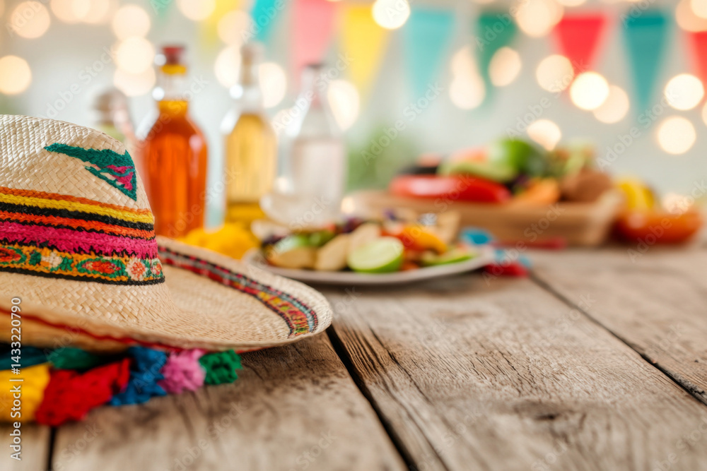 Fototapeta premium Mexican festive background with sombrero and tequila on wooden table