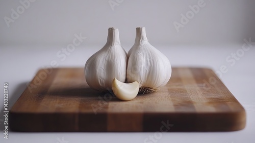 Obraz na płótnie Whole garlic bulbs sit on a wooden cutting board against a white backdrop. Perfect for culinary, kitchen, or healthy eating visuals.
w salonie