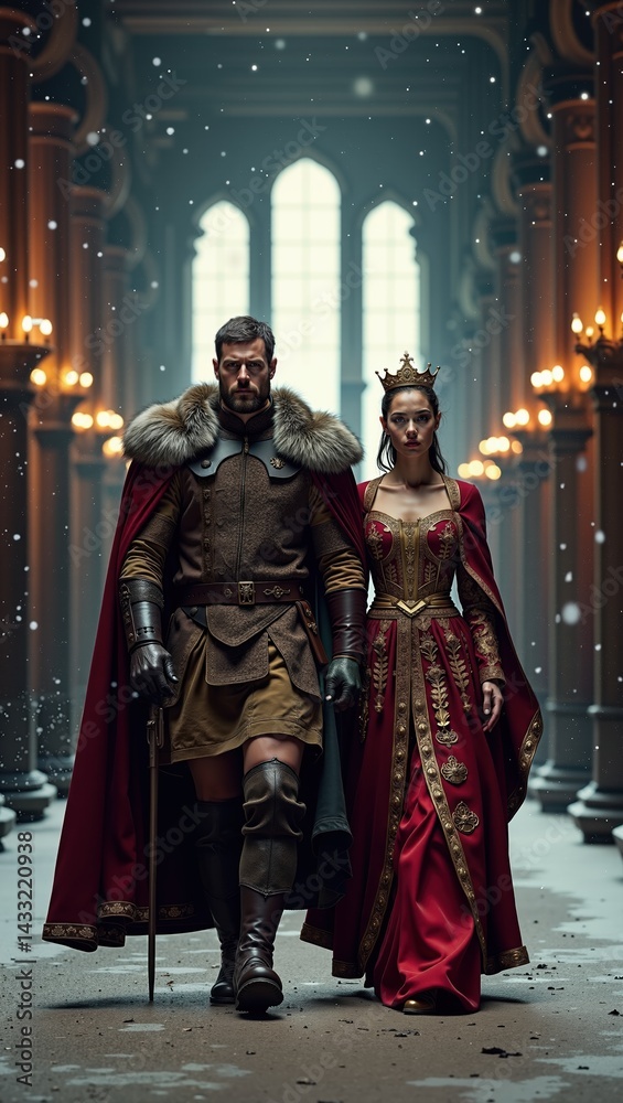 Naklejka premium Regal caucasian royal couple in medieval attire walking through snow-dusted grand hall