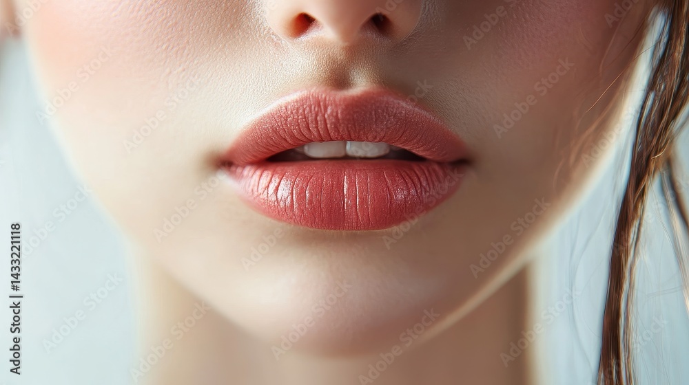 Obraz premium Close-up view of perfectly groomed lips adorned with soft coral lipstick, showcasing a fresh and appealing look in bright light