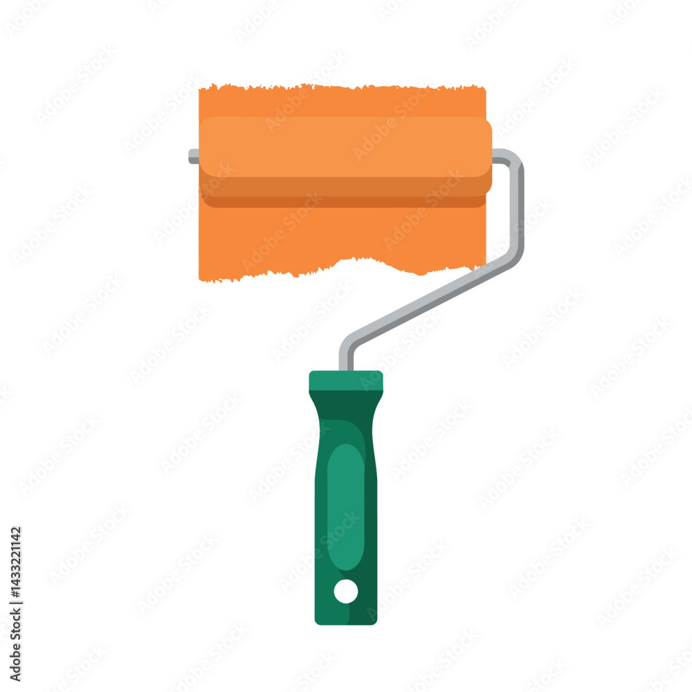 Paint roller with orange paint and green handle vector illustration tool for wall painting 