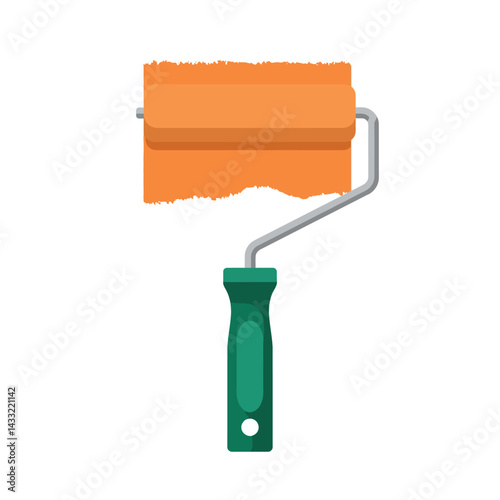Paint roller with orange paint and green handle vector illustration tool for wall painting 