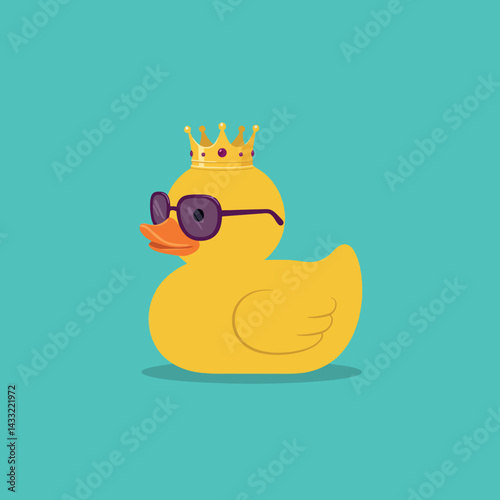 Rubber duck with crown and sunglasses on turquoise background vector illustration 