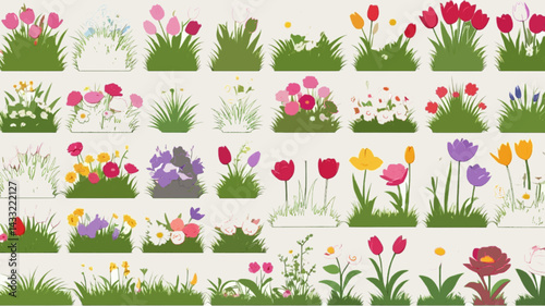 Flower and grass flat icon set isolated on white. Various garden flowers including rose, tulip, orchid, Espatifilo, bells flowers, Bellis perennis, bulb flowers ai generate