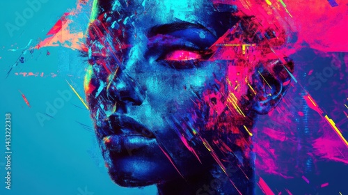 Digital glitch effect with neon colored distortions