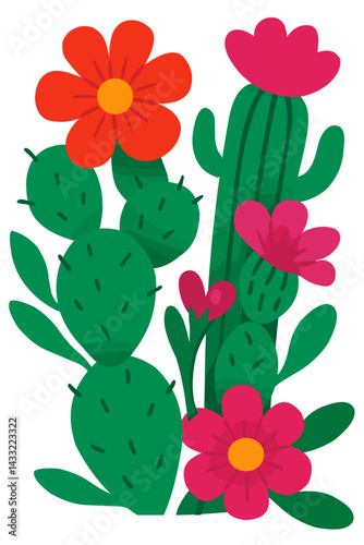Vector illustration of cactus. Cacti flower flat style. Cactuses in bloom with a large red, pink flowers.