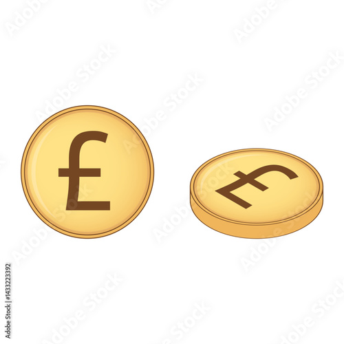 Golden Pound Sterling coins. Coins depicted in top-down and isometric perspectives. Vector icons isolated on a white background