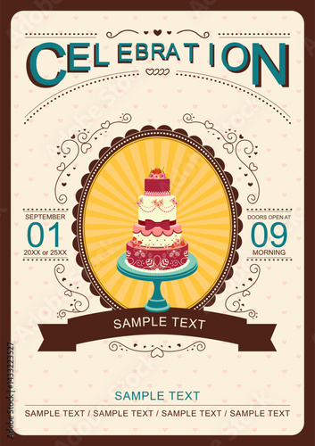 Celebration Birthday Cake vintage Invitation Card Vector Illustrator