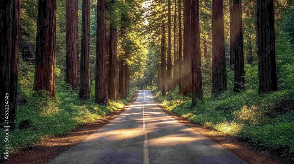Obraz premium Scenic forest road surrounded by tall trees.