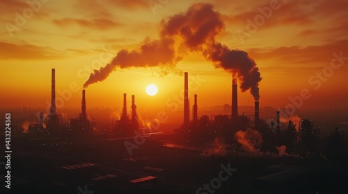 Factory smokestacks emit smoke against orange sunset backdrop, revealing potential atmospheric and environmental concerns.