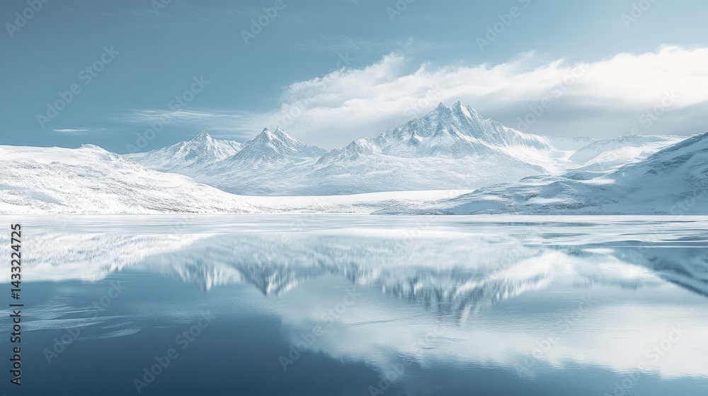 Fototapeta premium Frozen Arctic Lake Mirroring Snowy Mountain Peaks