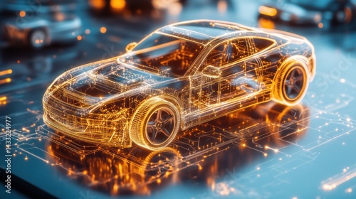 Futuristic car design with digital circuit overlay