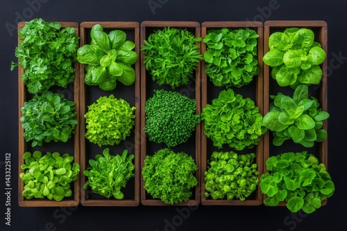 Fresh Green Urban Agriculture Display of Various Leafy Vegetables