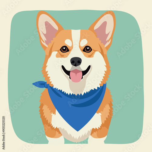 Pembroke Welsh Corgi Dog Wearing Blue Bandana Vector Illustration Portrait Style 