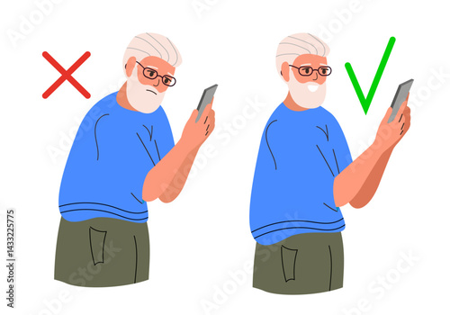 Correct good position vs bad incorrect posture for holding PHONE. Right and wrong back, neck and legs poses of Old man, elderly person at standing. Vector illustration.