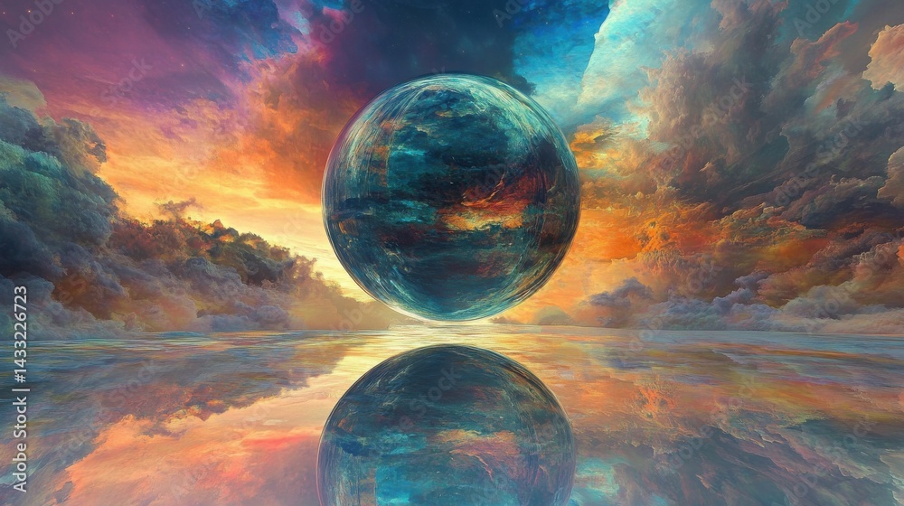 Floating Crystal Sphere Reflecting Endless Universe Floating Crystal Sphere Reflecting Endless Universe