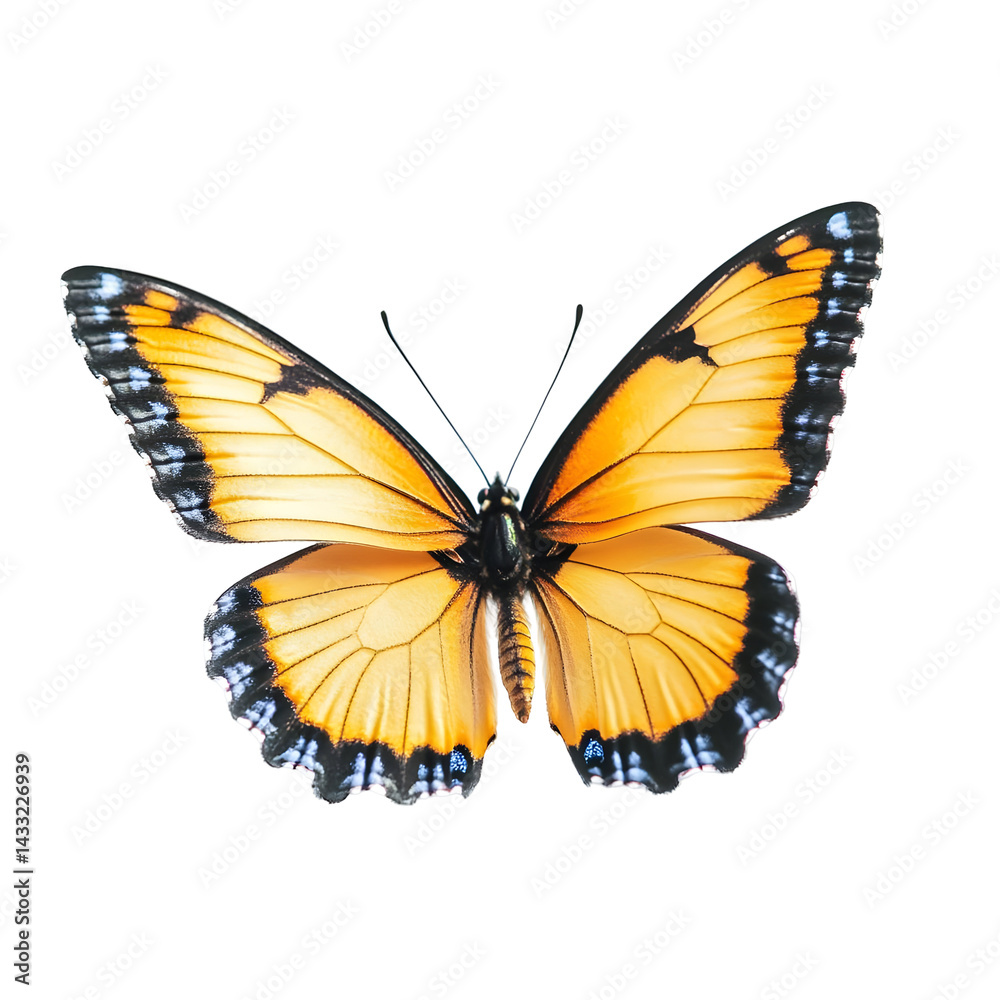 Vivid orange butterfly detailed wings contrasted against a black backdrop Vivid orange butterfly detailed wings contrasted against a black backdrop