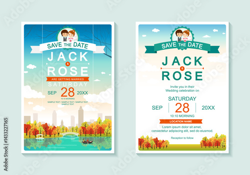 Cityscape and lake garden fall autumn wedding invitation card template vector illustration