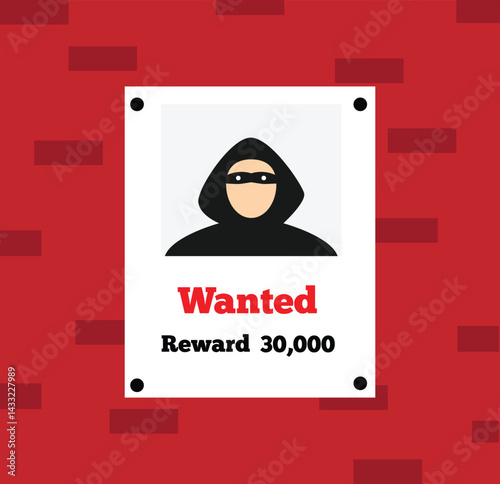 Wanted Announcement of Criminal Hacker on the Wall. Crime and law, legal action and detention concept