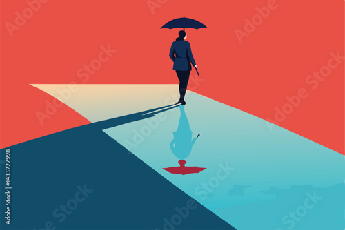 person walking with umbrella along puddled path