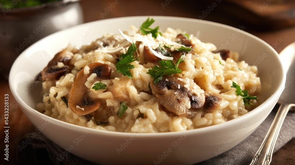 Mushroom risotto features delicate parsley, parmesan cheese in white bowl ready to serve, enjoy cuisine. Mushroom risotto features delicate parsley, parmesan cheese in white bowl ready to serve, enjoy cuisine.
