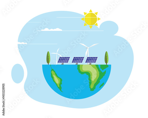 Eco Green Planet with Wind Turbines and Solar Panels Flat Style. Ecology and sustainable energy production vector art
