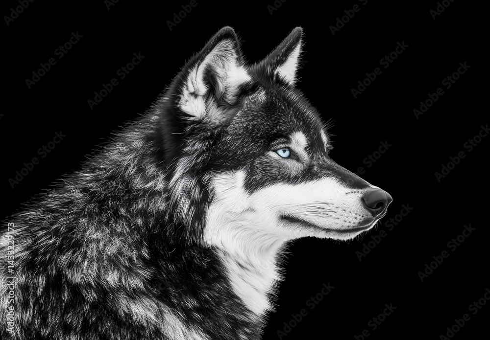 Fototapeta premium Captivating wolf portrait with intense blue eyes on black background