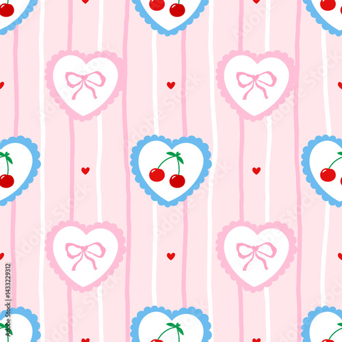 Seamless cherry pattern with heart elements in a cute vector style. Perfect for summer textiles, children clothing, and fruity wrapping paper designs
