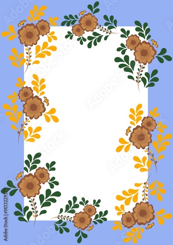 Illustration of floral rectangular frame with brown, yellow flowers for postcard