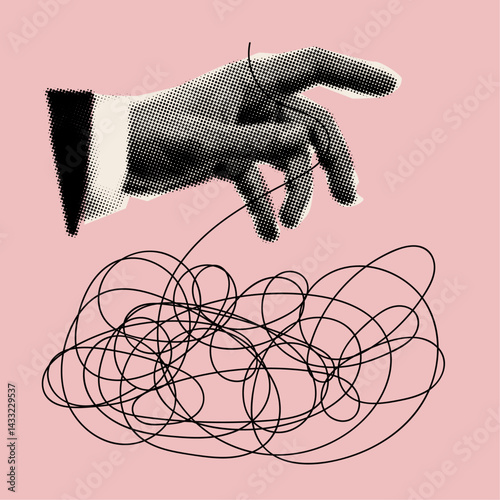 halftone collage hand pulling thread 